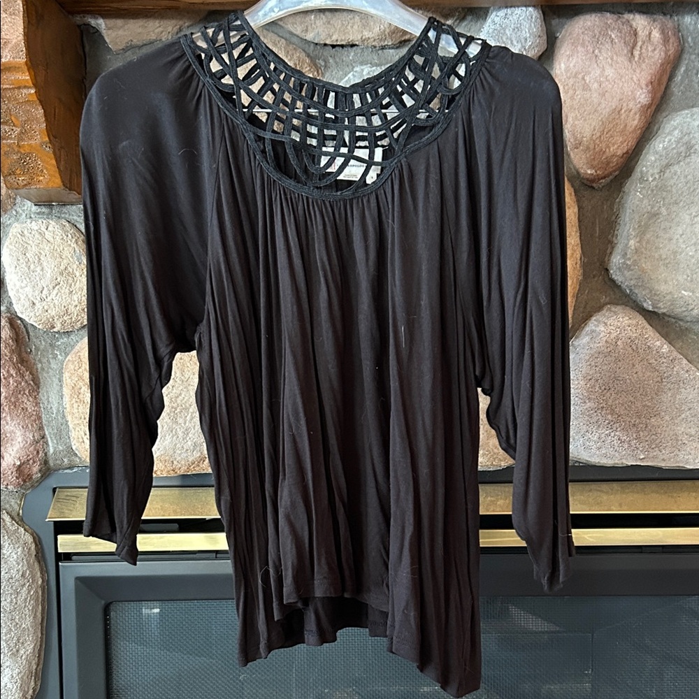 Anthropologie Black Lattice Crochet Neck Dolman Sleeve Top, Size S, NWT